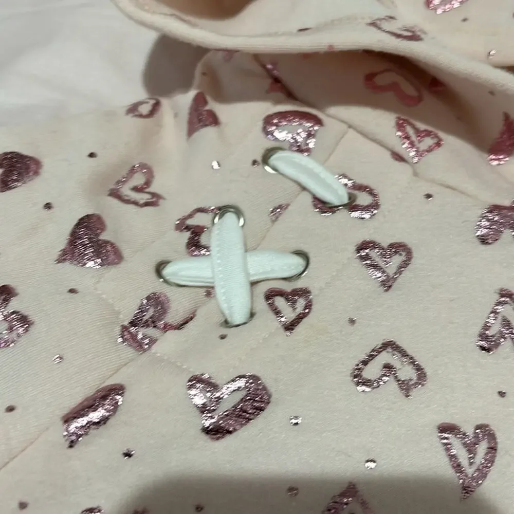 Btween 10 pink hooded sweatshirt pink metallic heart print sequin pocket euc